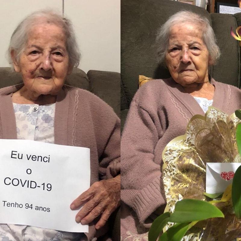 Idosa comemorou com a família a vitória contra a Covid-19