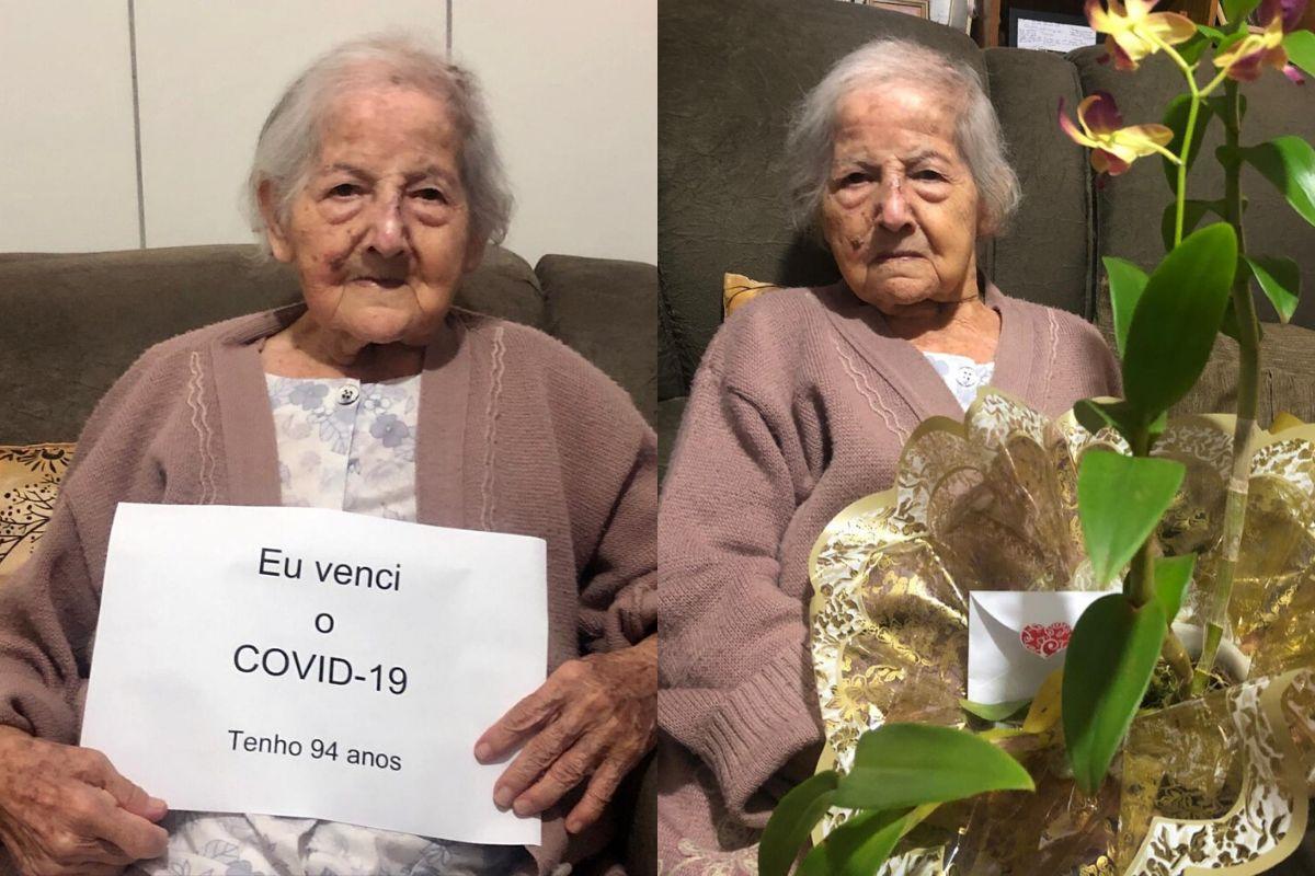 Idosa comemorou com a família a vitória contra a Covid-19
