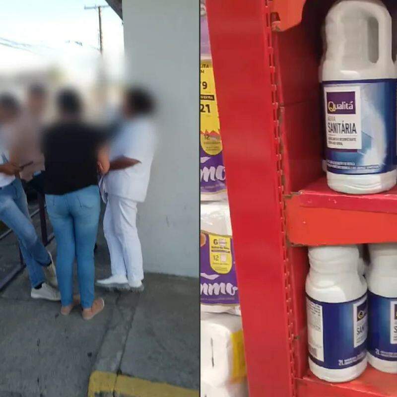 O suposto gerente do local com outros funcionários e o chocolate que teria sido encontrado após a acusação