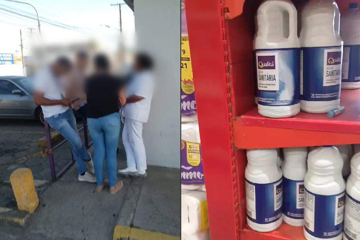 O suposto gerente do local com outros funcionários e o chocolate que teria sido encontrado após a acusação