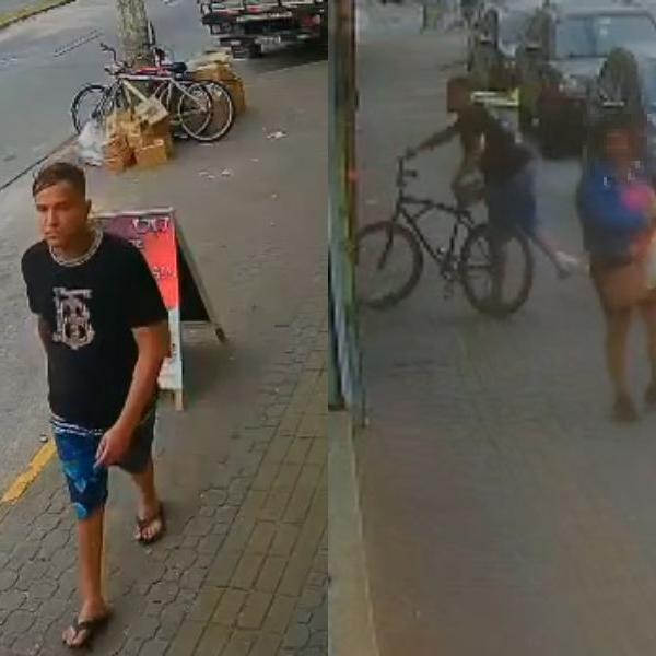 Homem é flagrado furtando bicicleta na calçada de comércio da Av. Presidente Kennedy, em Praia Grande, na tarde desta quinta (20)