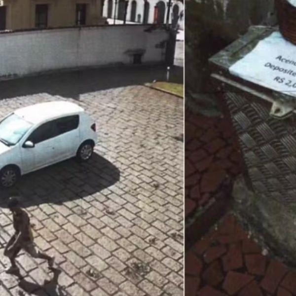 Câmera flagrou morador de rua que tentou furtar cofre de doações do velário do Santuário de Santo Antônio do Valongo