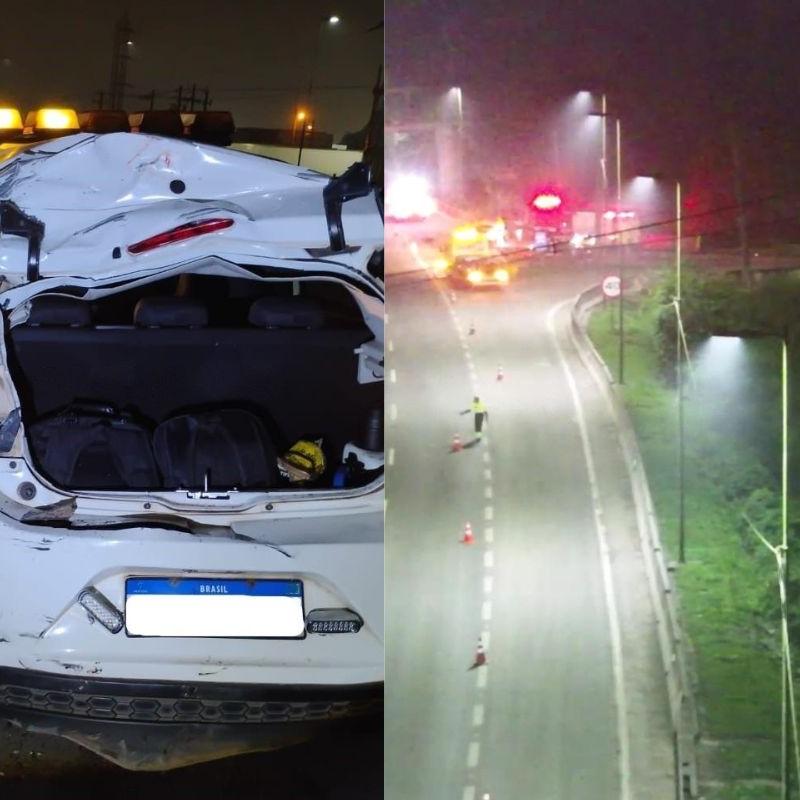 Carro utilizado pelas vítimas ficou com a traseira danificada após a batida, que aconteceu na Rodovia Cônego Domenico Rangoni, em Cubatão
