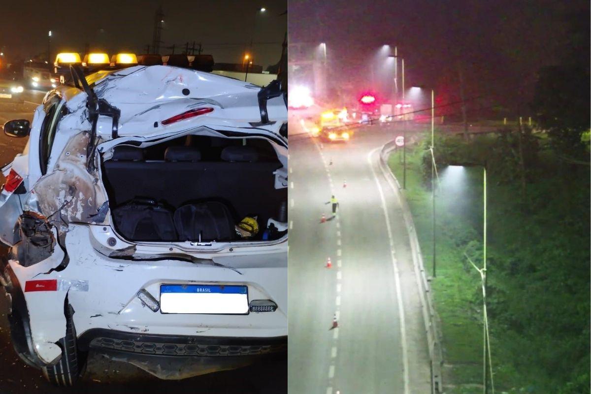 Carro utilizado pelas vítimas ficou com a traseira danificada após a batida, que aconteceu na Rodovia Cônego Domenico Rangoni, em Cubatão