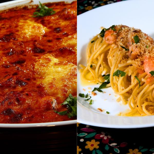 Gratinado de camarão com palmito e espaguete cítrico com camarão