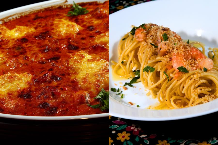 Gratinado de camarão com palmito e espaguete cítrico com camarão