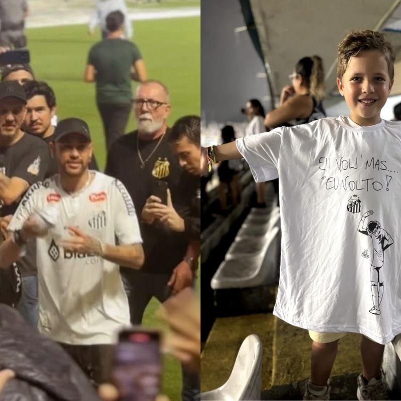 Craque santista joga camisa na direção do pequeno Théo, que mostra orgulhoso o presente