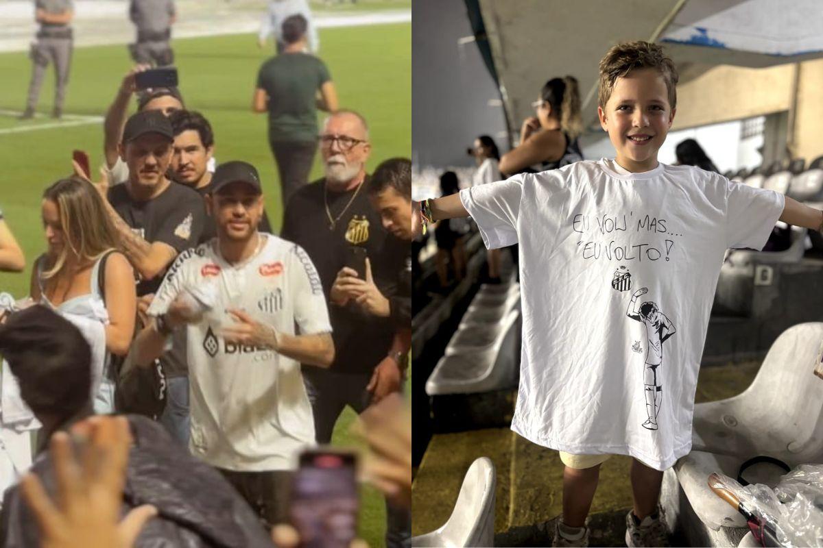 Craque santista joga camisa na direção do pequeno Théo, que mostra orgulhoso o presente