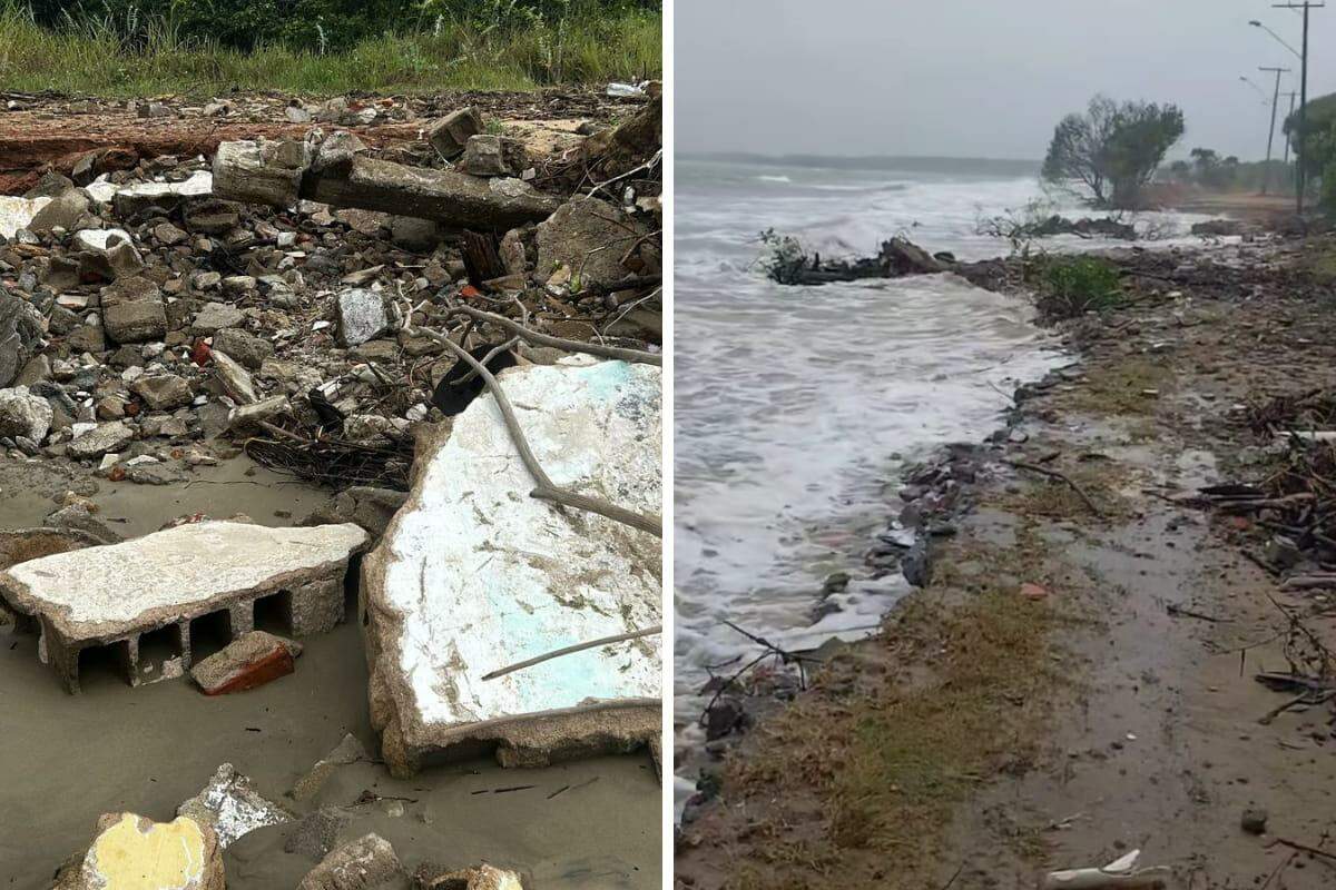 Os entulhos foram jogados para conter o avanço do mar (Reprodução / Redes Sociais)