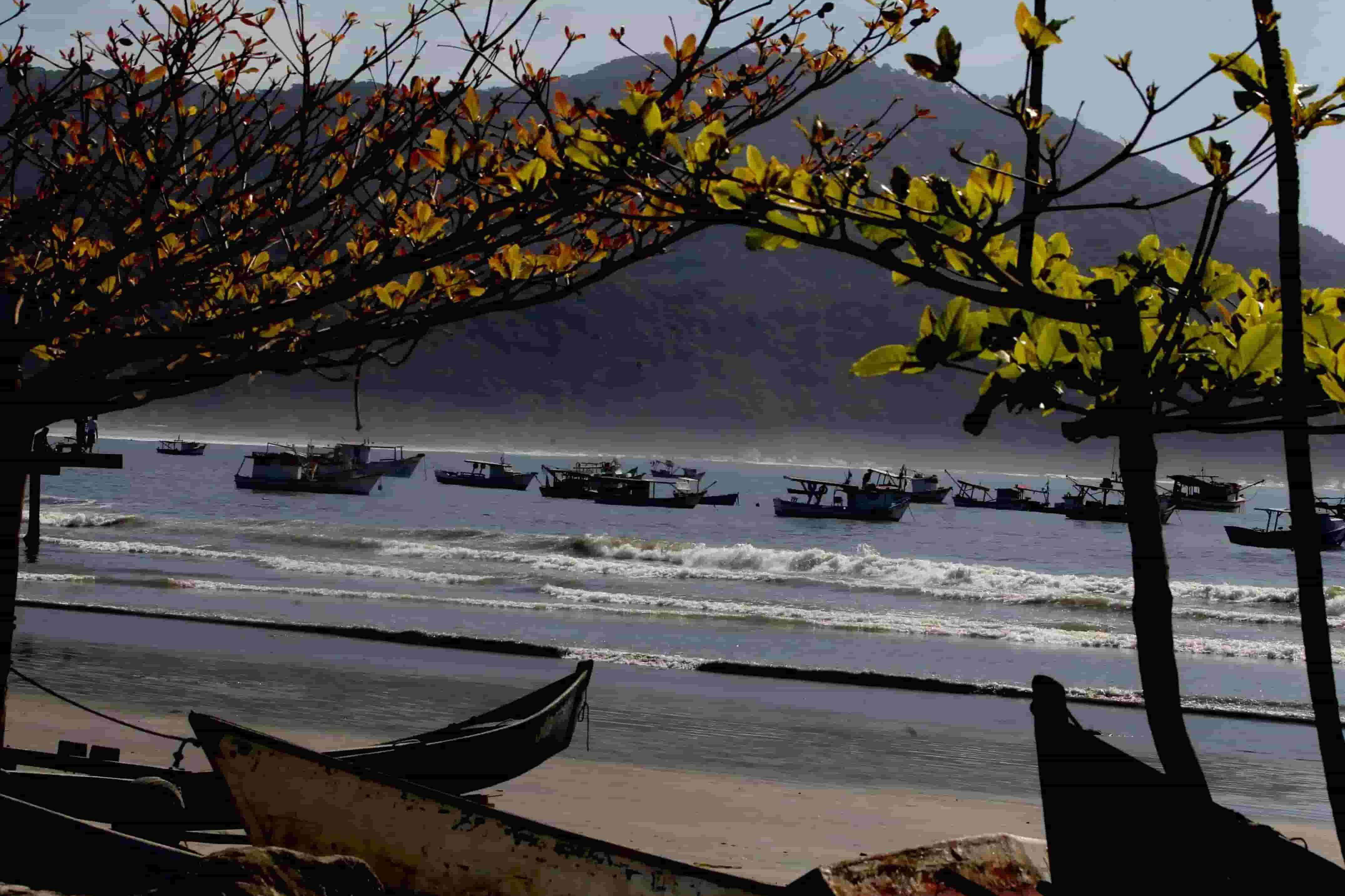 Com forte tradição pesqueira, a Praia do Perequê tem barcos na areia e restaurantes rústicos