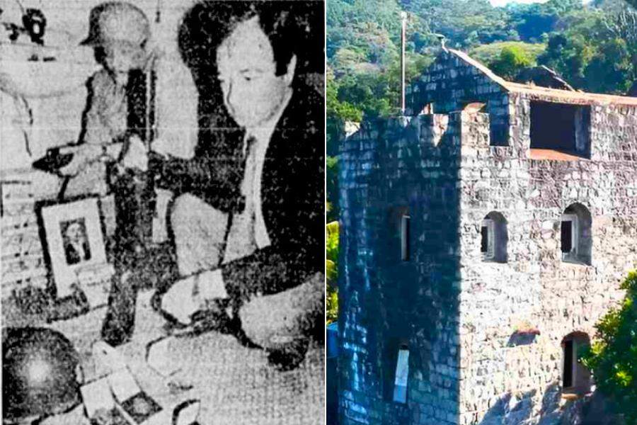 Foto da matéria do Jornal do Brasil mostra parte do material apreendido na casa do alemão; à direita, o Castelo da Prainha, que era a casa de praia de Giuati (Reprodução)
