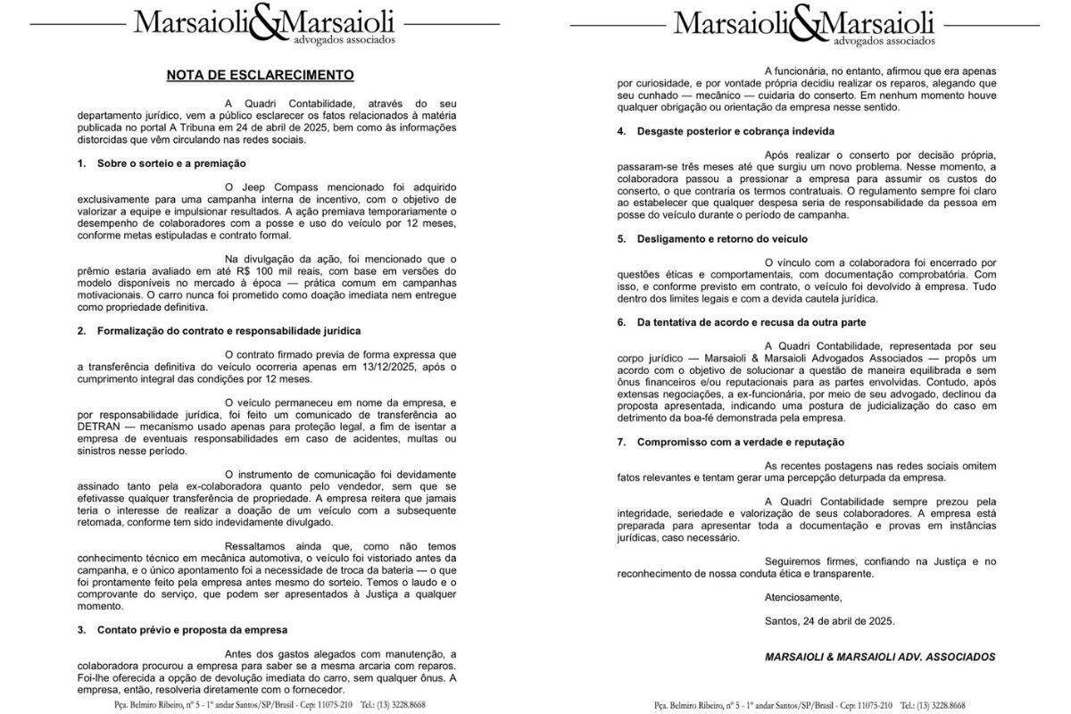 Nota de esclarecimento da defesa da empresa nas redes sociais (Reprodução)