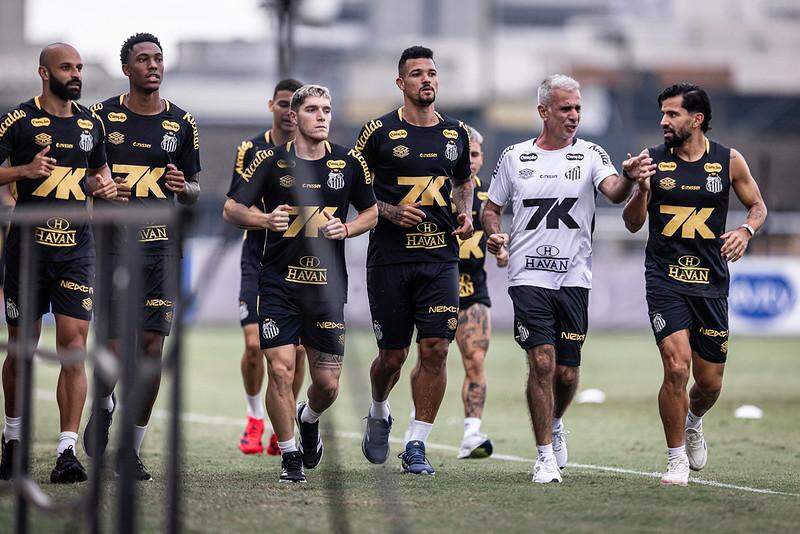Jogadores do Santos durante treino com o preparador físico Fábio Mahseredjian (de branco) (Raul Baretta/Santos FC)