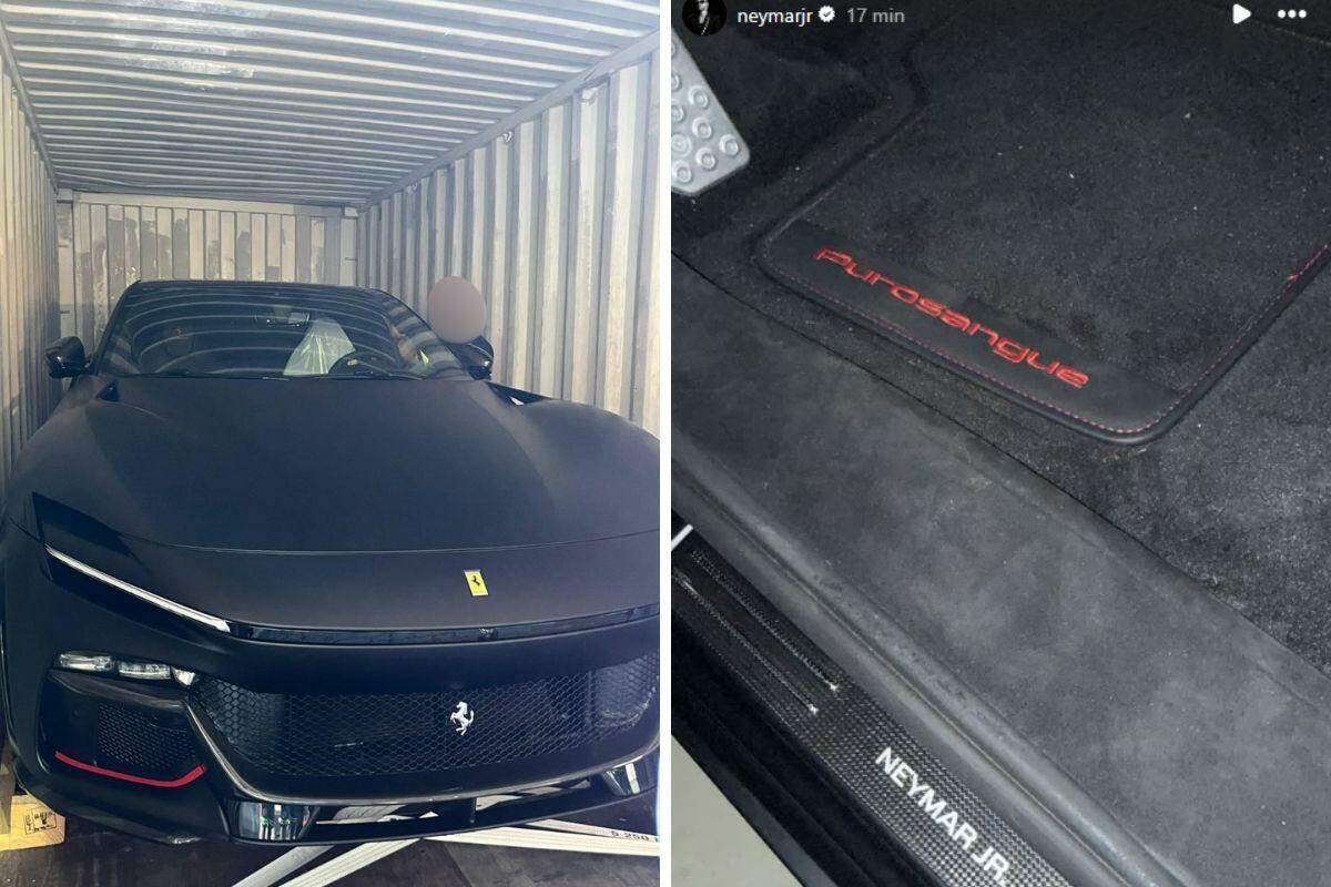 A Ferrari Purosangue foi flagrada sendo descarregada no Porto de Santos. Em story do Instagram, Neymar publicou foto mostrando o tapete do veículo personalizado (Reprodução)