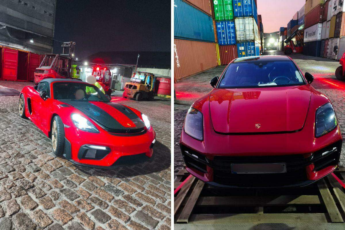 Os Porsches 718 e Panamera foram flagrados sendo descarregados no caís santista (Reprodução)
