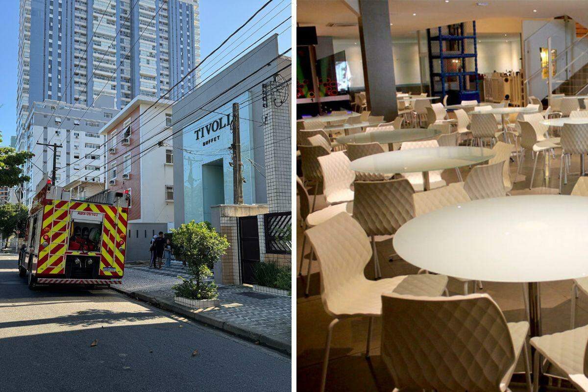 Fogo atingiu a parte interna do Buffet Tivoli, que fica na orla da Ponta da Praia, em Santos (Matheus Croce/ TV Tribuna e Reprodução/ Facebook)