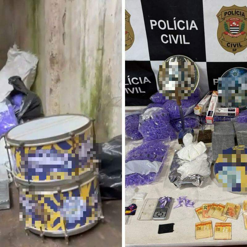Diversas drogas e equipamentos para produzi-las foram encontrados no galpão da escola de samba em Santos