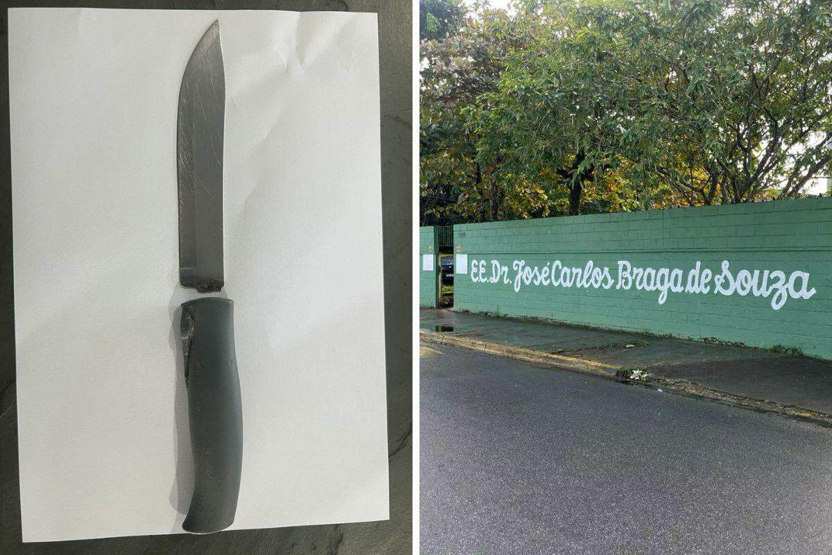 Acima (foto), a faca que o agressor usou dentro da EE Dr. José Carlos Braga de Souza (Reprodução/ Polícia Civil e Daniela Rucio/ TV Tribuna)