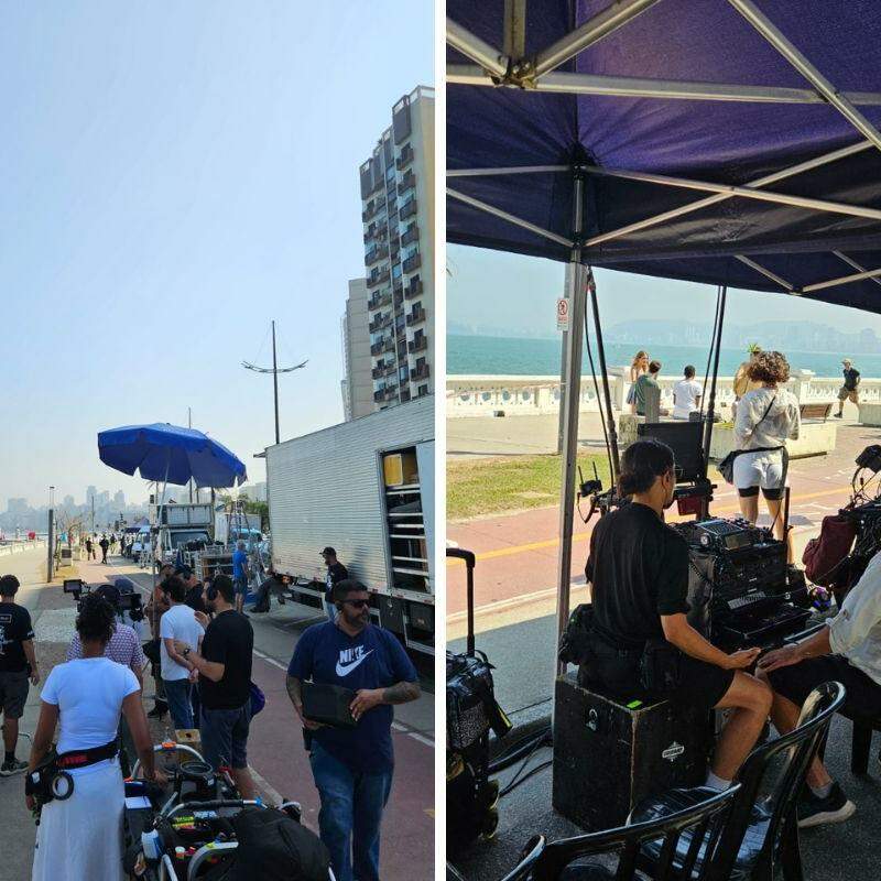 A reportagem acompanhou a gravação de algumas das cenas na Ponta da Praia, em Santos
