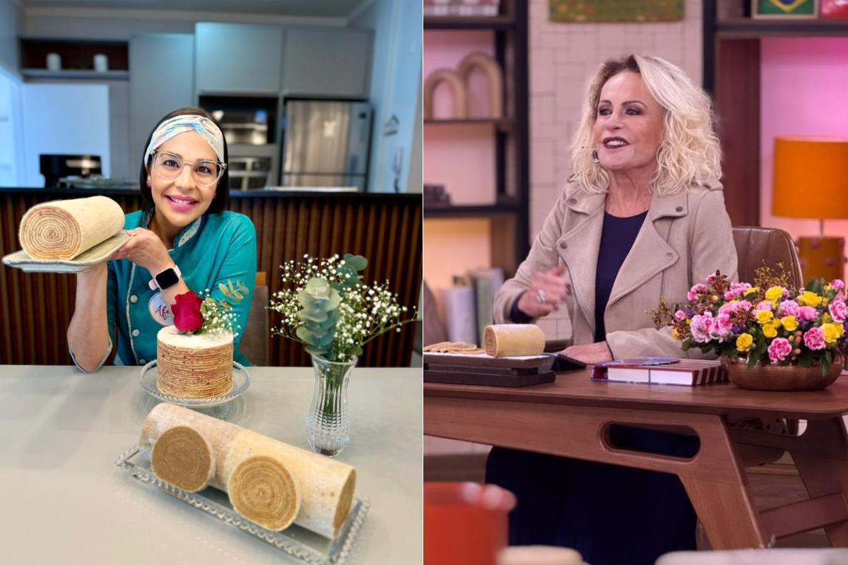 Bolo feito por Nicelle de Almeida Sousa (à esquerda) foi destaque no Mais Você, de Ana Maria Braga (à direita)