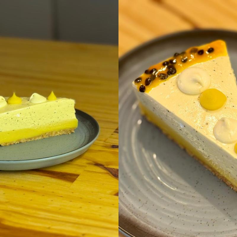 Torta Tropical: base de bolacha e creme de manga com maracujá