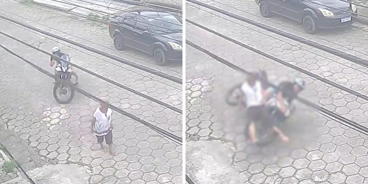 Câmera de monitoramento flagrou o momento em que a idosa foi atropelada pelo motociclista