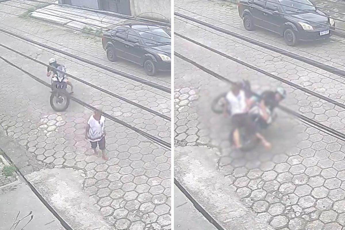 Câmera de monitoramento flagrou o momento em que a idosa foi atropelada pelo motociclista
