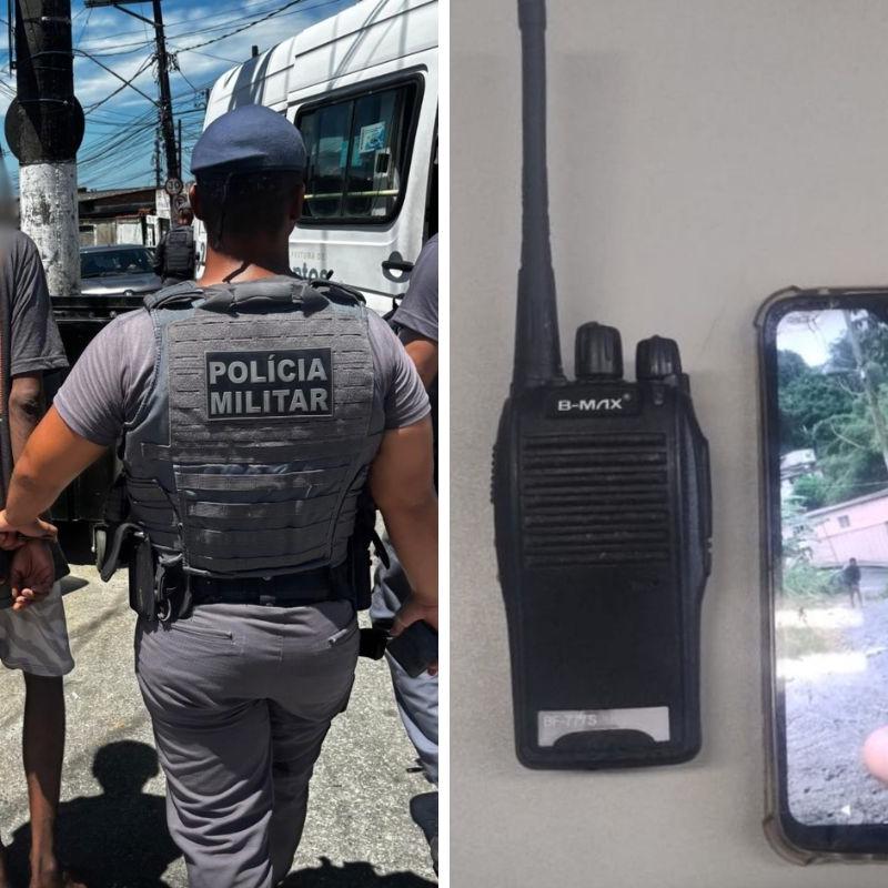 Homem foi detido por equipes do 6° BPM/I e levado para o 2° DP de Santos. Um celular e um rádio comunicador foram apreendidos