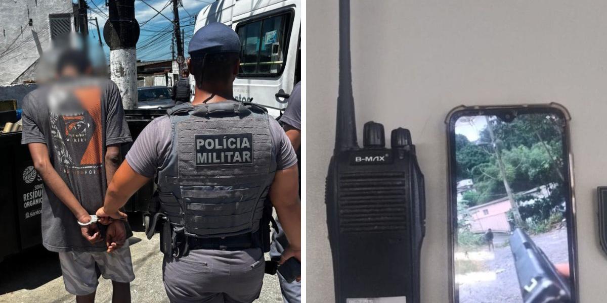 Homem foi detido por equipes do 6° BPM/I e levado para o 2° DP de Santos. Um celular e um rádio comunicador foram apreendidos