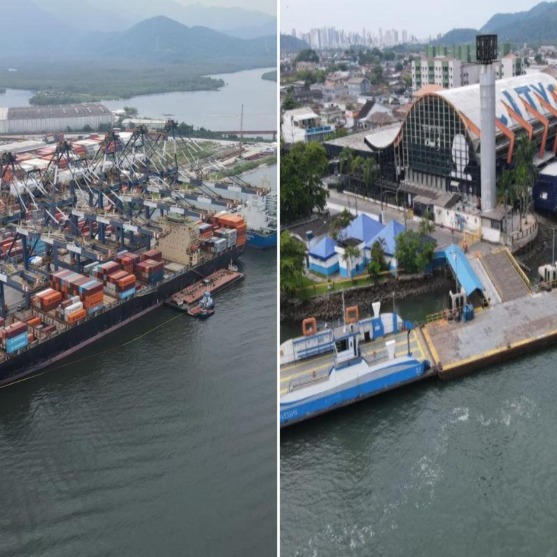 O navio cargueiro Seaspan Empire e duas balsas da travessia Santos-Guarujá atracados na manhã desta terça-feira