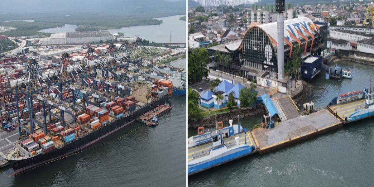 O navio cargueiro Seaspan Empire e duas balsas da travessia Santos-Guarujá atracados na manhã desta terça-feira