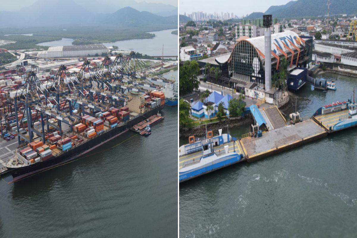 O navio cargueiro Seaspan Empire e duas balsas da travessia Santos-Guarujá atracados na manhã desta terça-feira