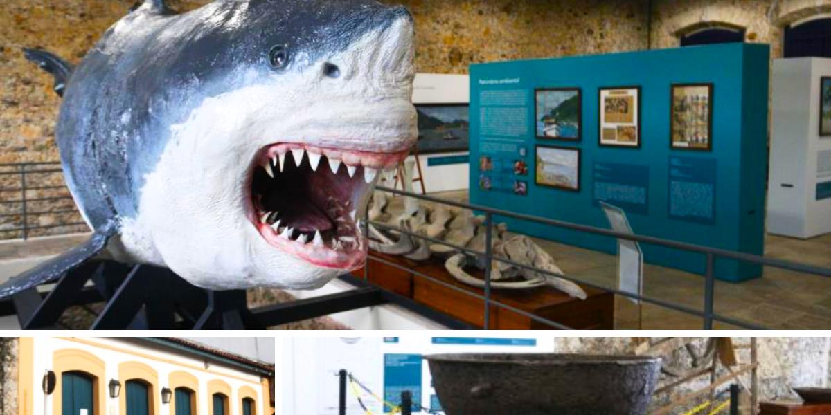 O tubarão com 5,5 metros está em exposição no museu, que fica em um casarão histórico; abaixo, à direita, o tacho de bronze usado para derreter óleo de baleia, outra atração do local