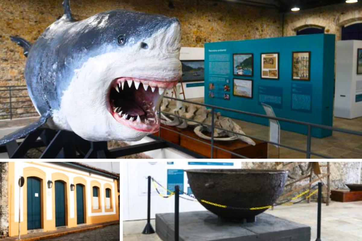 O tubarão com 5,5 metros está em exposição no museu, que fica em um casarão histórico; abaixo, à direita, o tacho de bronze usado para derreter óleo de baleia, outra atração do local