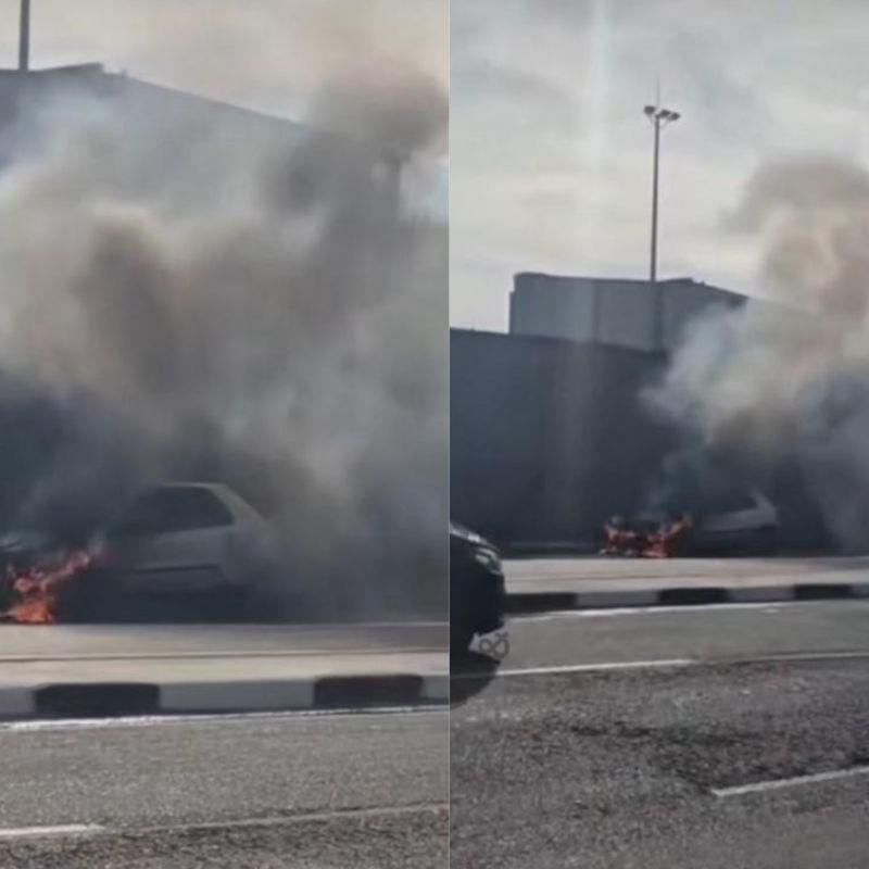 Carro pega fogo na Avenida Governador Mário Covas em Santos