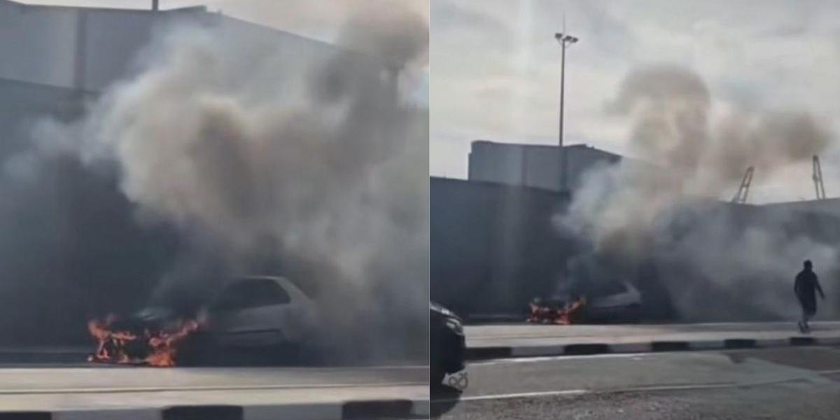 Carro pega fogo na Avenida Governador Mário Covas em Santos