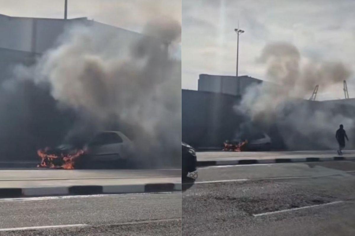 Carro pega fogo na Avenida Governador Mário Covas em Santos