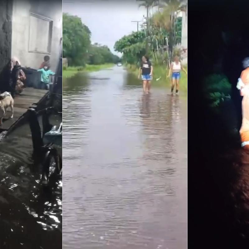 Defesa Civil de São Paulo mantém ações em Peruíbe (esq. e dir.), após temporal deixar vários alagamentos na cidade (centro)