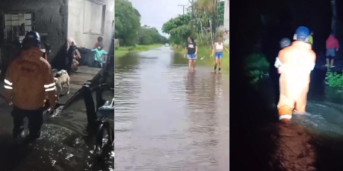 Defesa Civil de São Paulo mantém ações em Peruíbe (esq. e dir.), após temporal deixar vários alagamentos na cidade (centro)