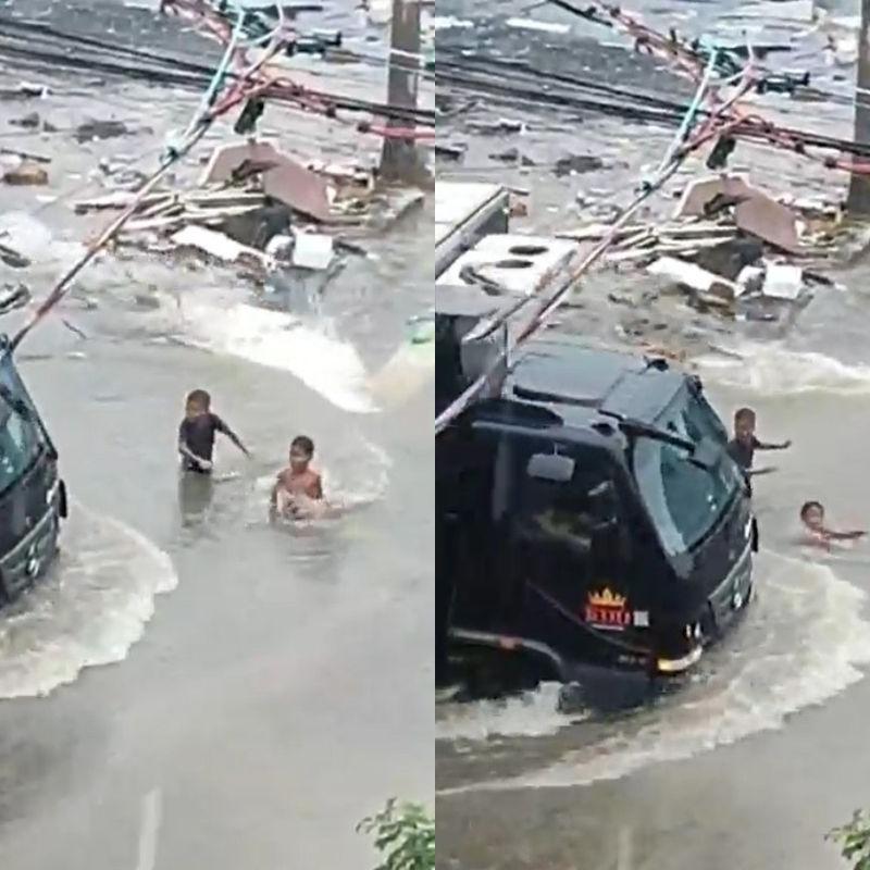 Crianças são arrastadas por enxurrada ao tentar “pegar onda” de caminhão em cruzamento de Guarujá, no litoral de São Paulo; VÍDEO