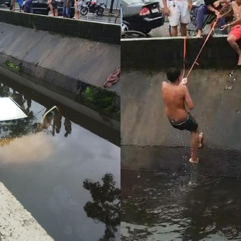 Motorista embriagado e sem CNH cai com carro em canal em Praia Grande; VÍDEO
