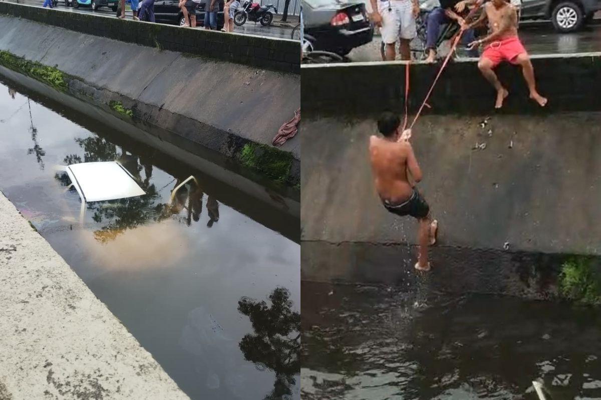 Motorista embriagado e sem CNH cai com carro em canal em Praia Grande; VÍDEO