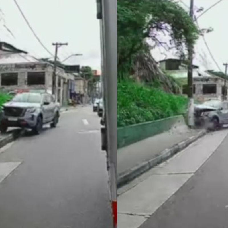 Carro atinge poste e mobiliza equipes na Martins Fontes em Santos