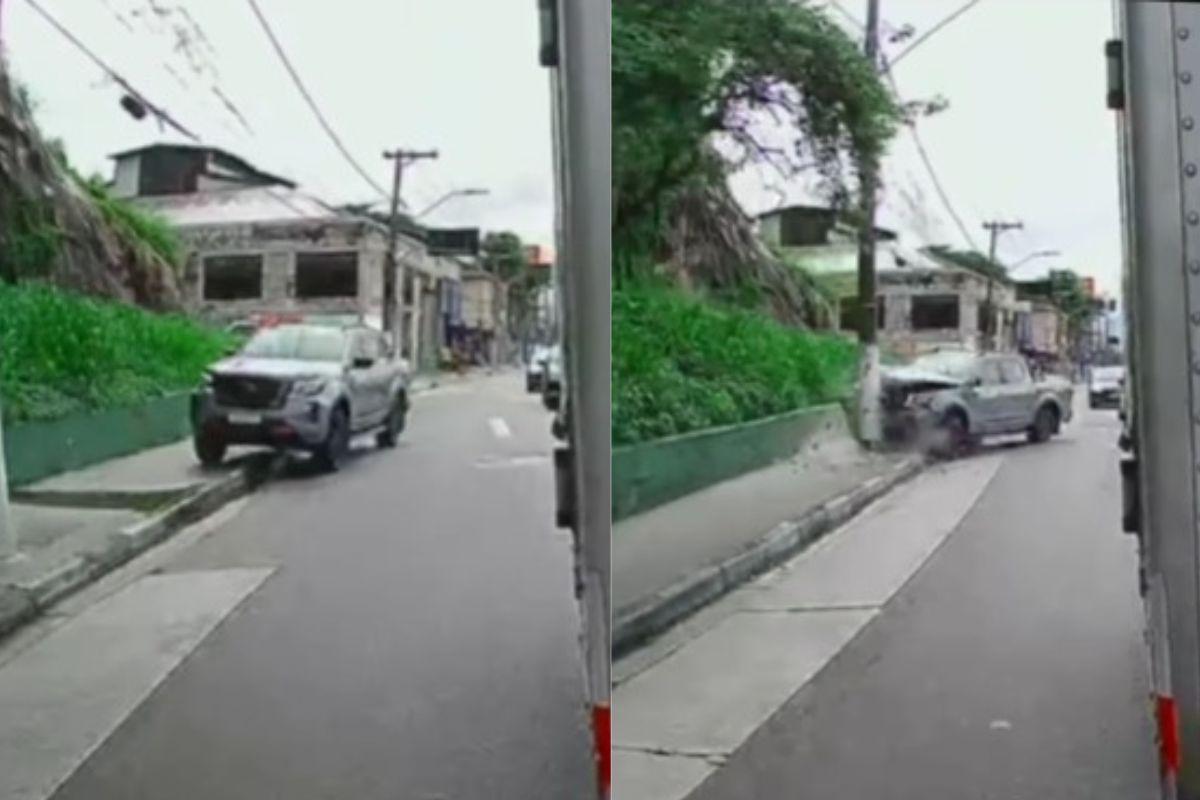 Carro atinge poste e mobiliza equipes na Martins Fontes em Santos