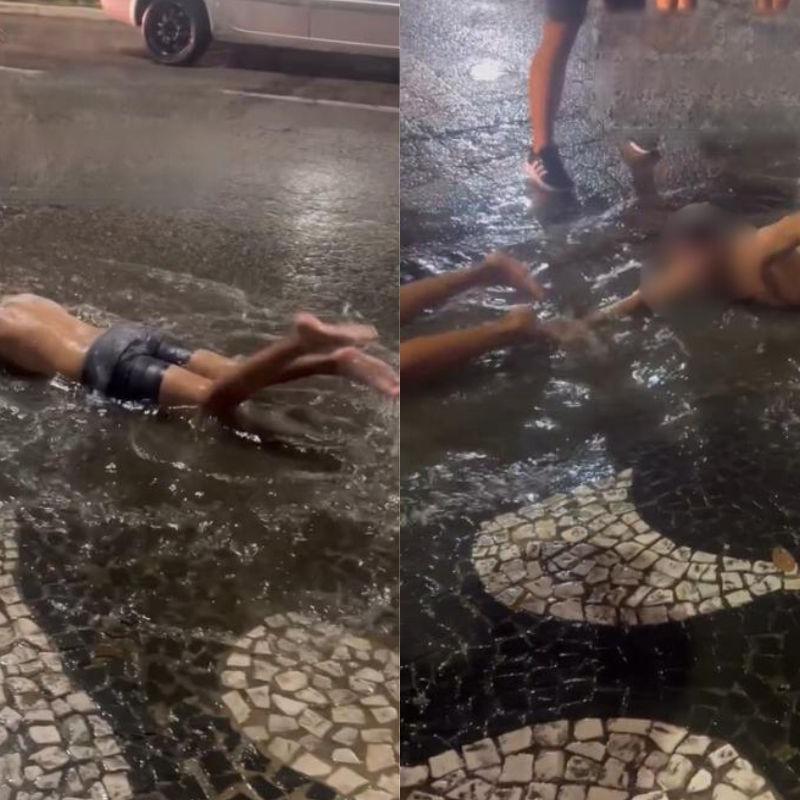 Imagens mostram calouros 'nadando' em poças d'água durante trote universitário em Santos