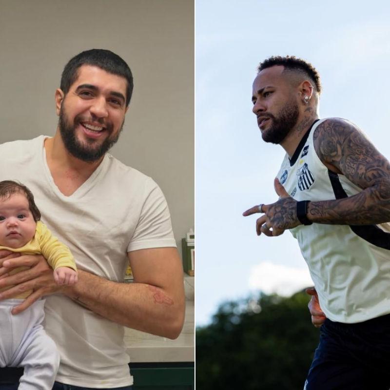 À esquerda, o cantor Nattan aparece com a filha recém-nascida; à direita, o jogador Neymar Jr. durante treino