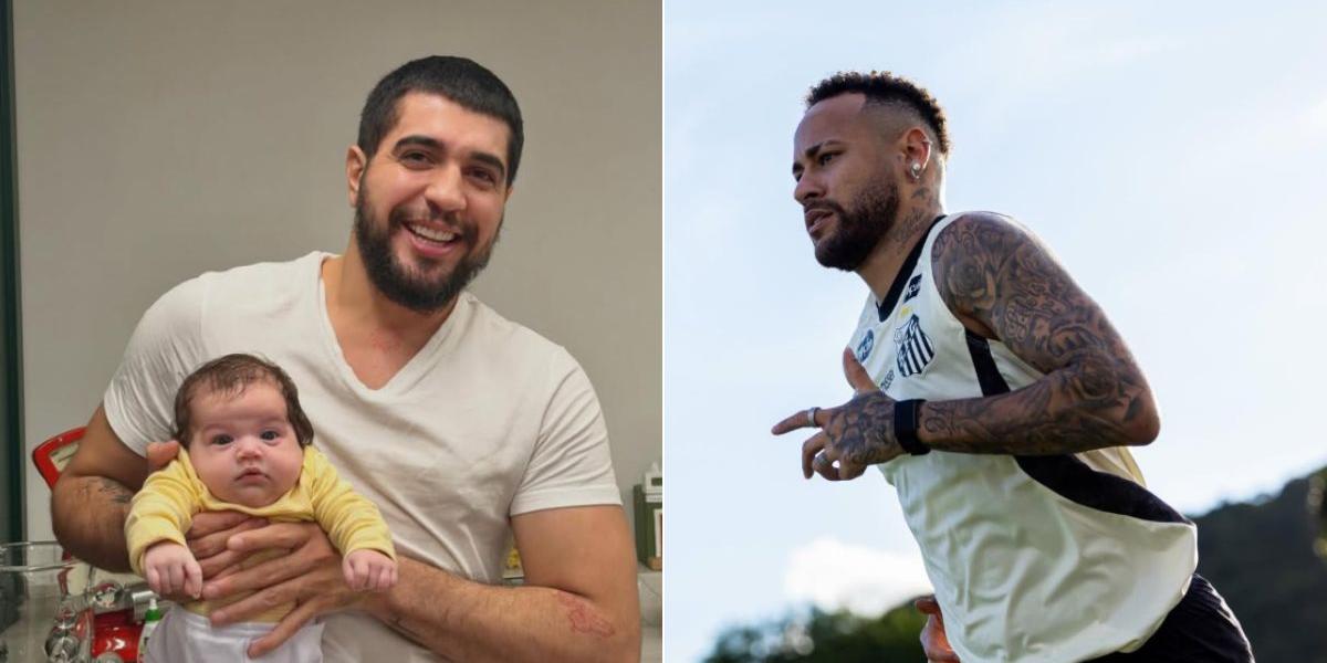 À esquerda, o cantor Nattan aparece com a filha recém-nascida; à direita, o jogador Neymar Jr. durante treino