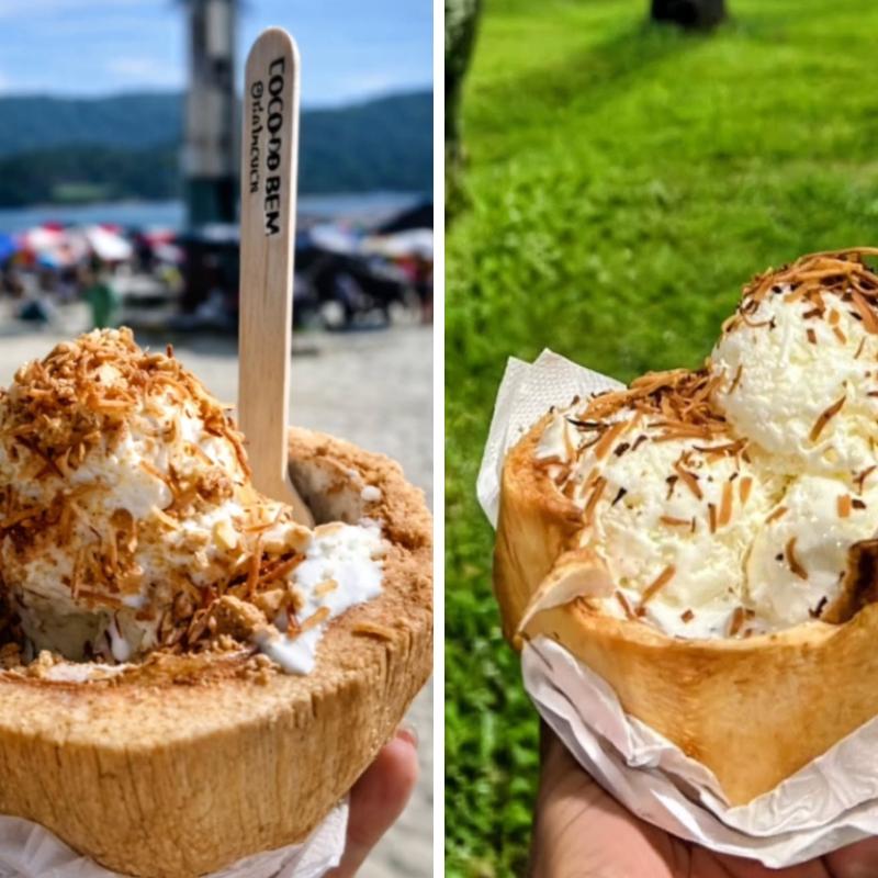 O sorvete é preparado com ingredientes naturais, como leite, leite de coco e coco ralado