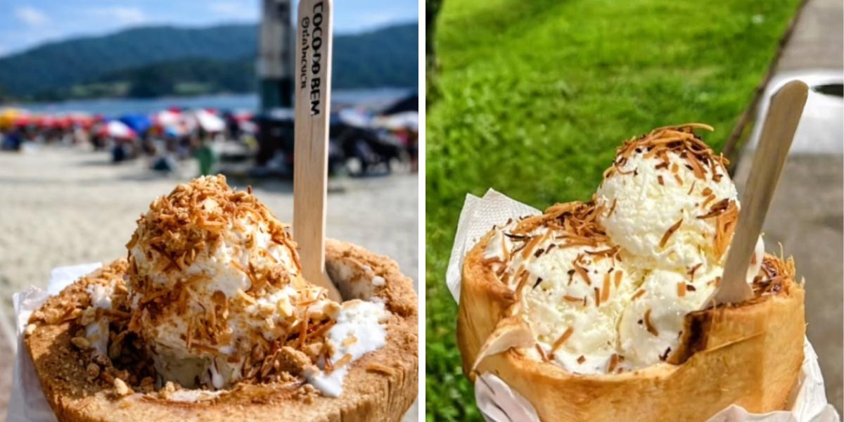 O sorvete é preparado com ingredientes naturais, como leite, leite de coco e coco ralado