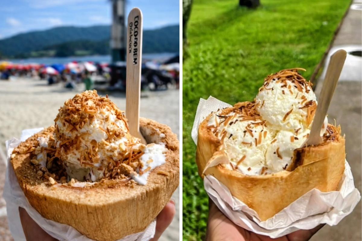 O sorvete é preparado com ingredientes naturais, como leite, leite de coco e coco ralado